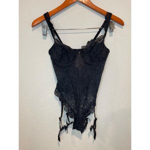 NWT Victoria's Secret Black Lace Garter Strap Thong Teddy